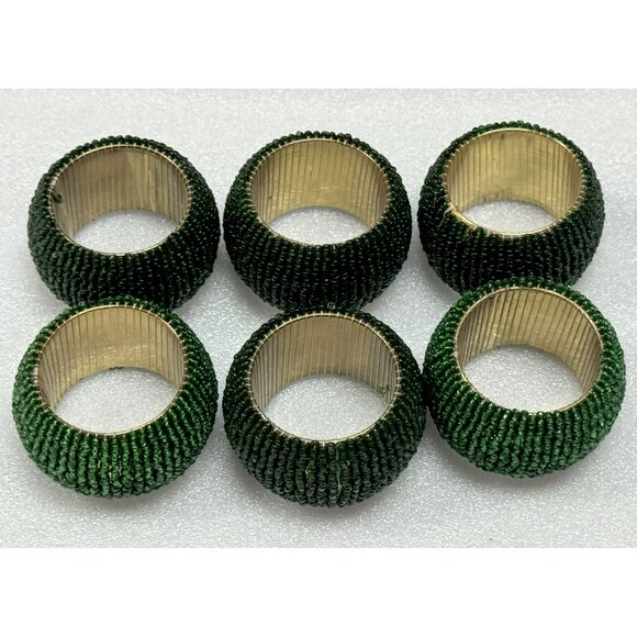 Green Beaded Napkin Rings Set Of 6 Holiday Table Décor Christmas Decoration - Picture 2 of 2
